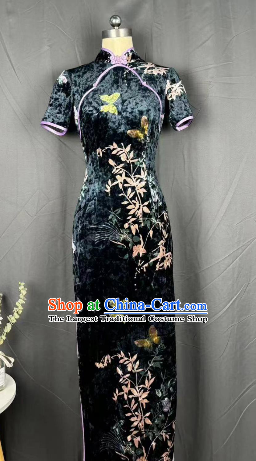 Plus Size 150kg Lucky Bamboo Butterfly Meiling Collar Short Sleeve Qipao Chinese Style Slim Fit Dress