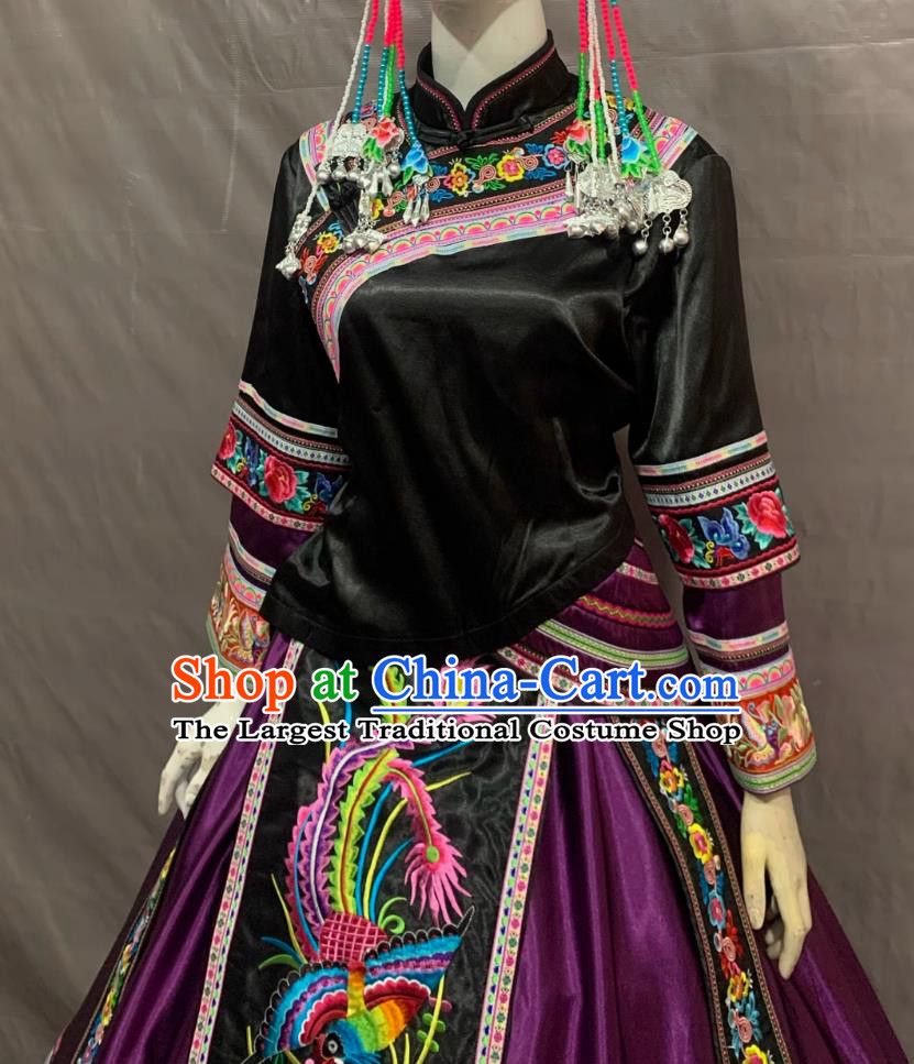 She Ethnic Costume Women Long Dress Chinese Performance Wear Embroidered  Ethnic Minority Purple Outfit