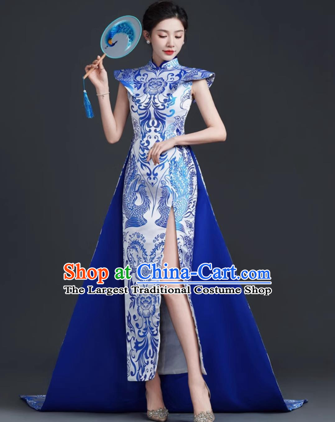 Blue Willow Vintage Qipao Hostess Banquet Gown Elegant Slim High Slit Train Performance Dress