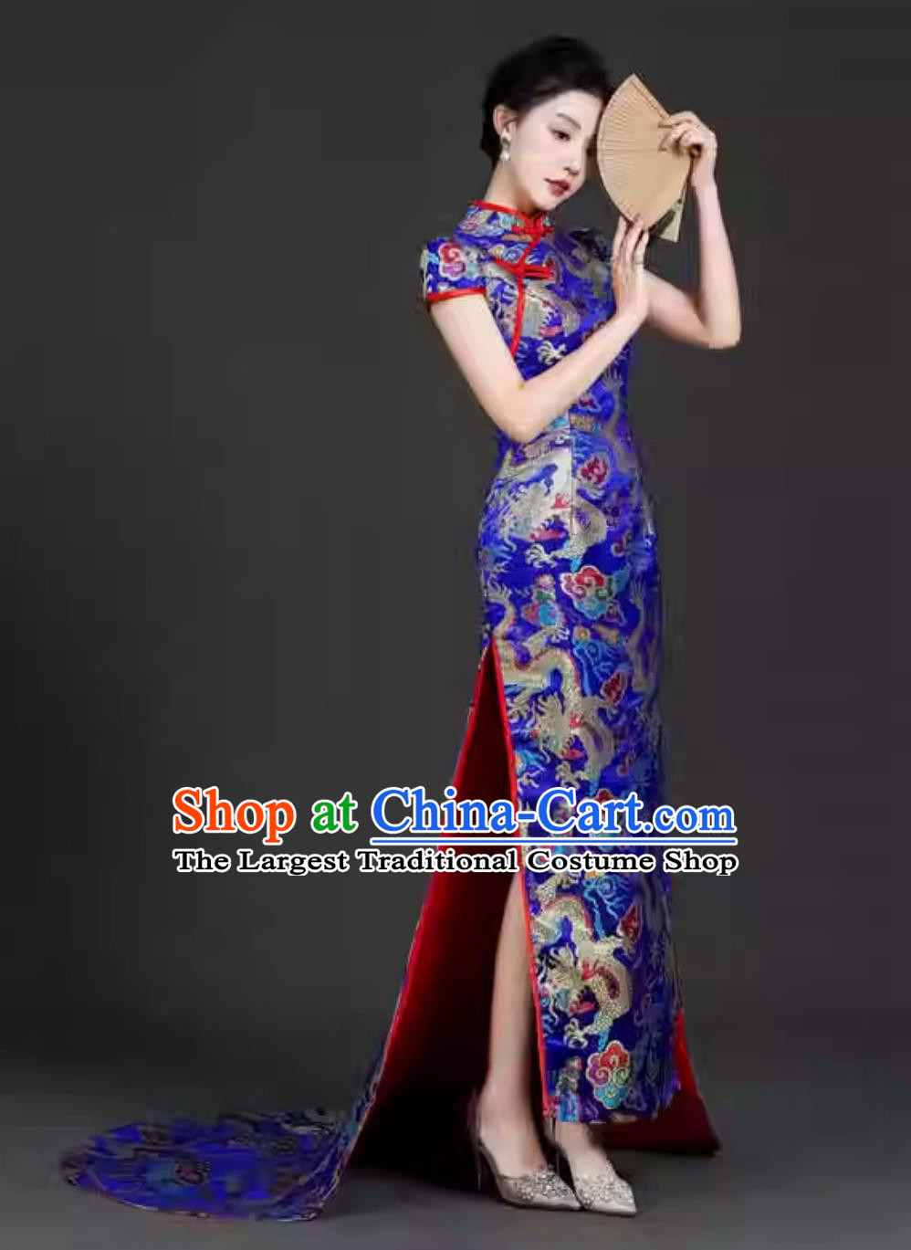 Long Style Cheongsam For Runway Stage Performance Trailing Chinese Retro Modified Slim Fit Dress
