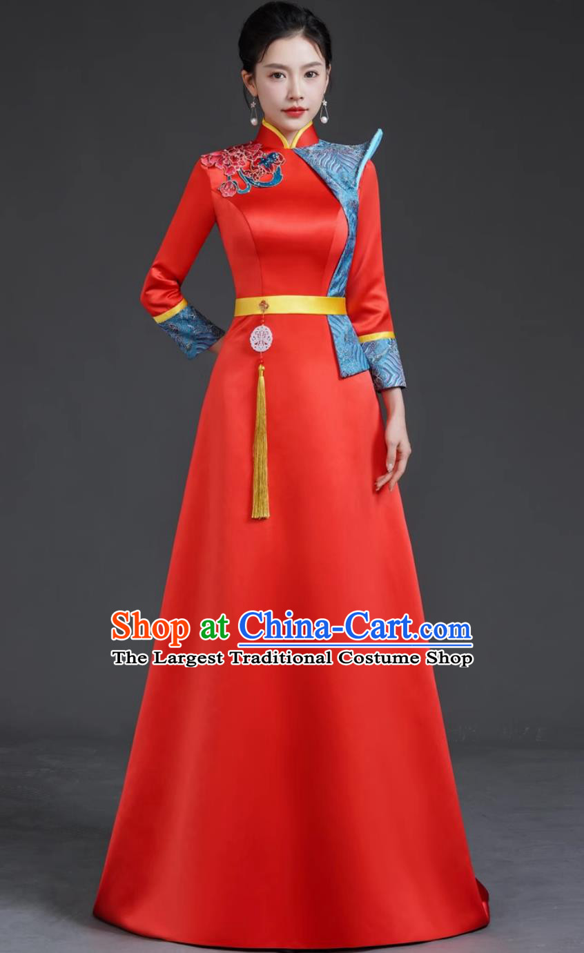 Banquet Evening Gown Short Trailing Red Dress Model Runway Cheongsam Long Style Performance Costume