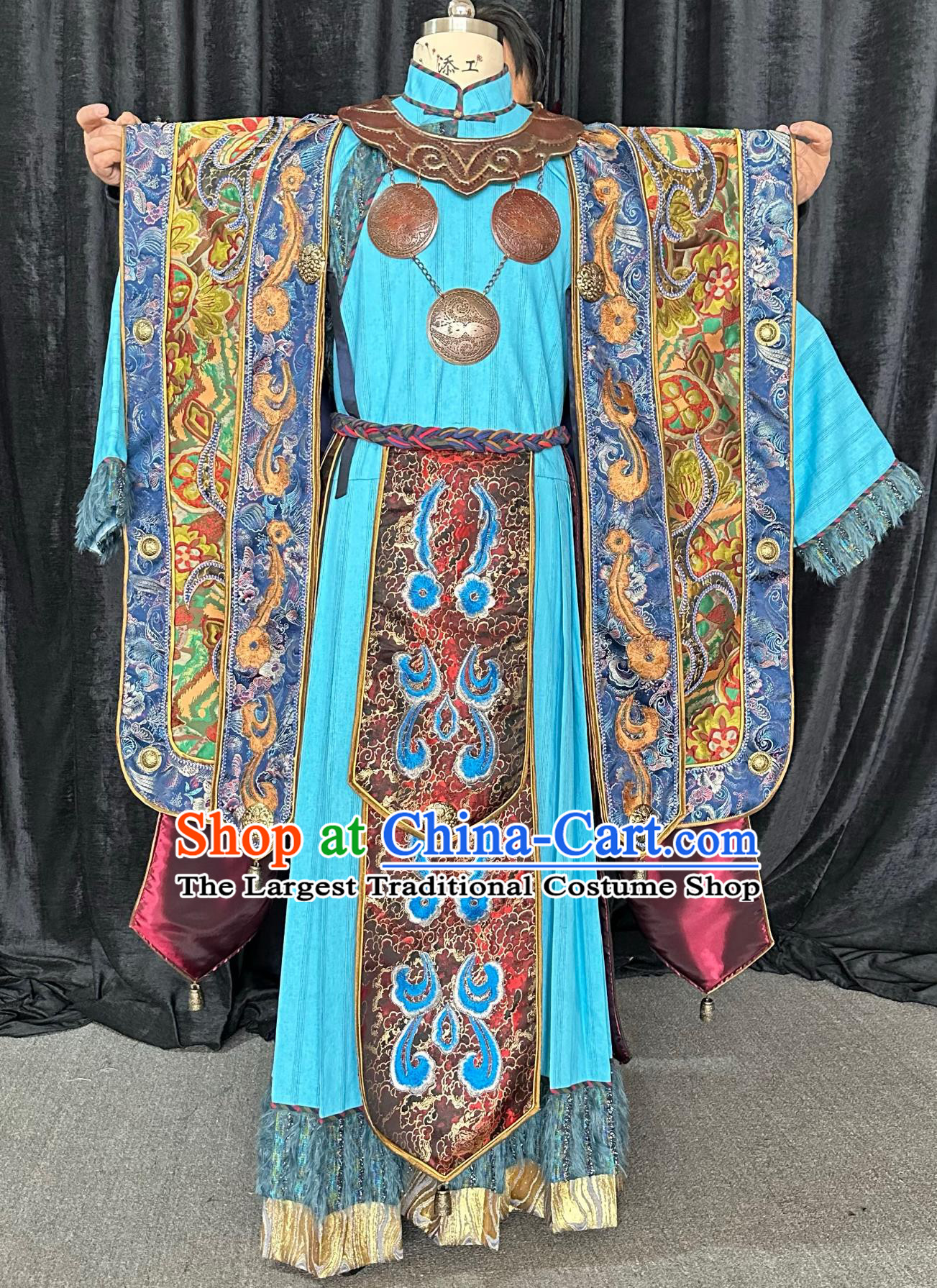 Hand Embroidered Blue Garment Chinese Nuo Opera Primitive Tribe Priest Ethnic Minority Dance Performance Costume