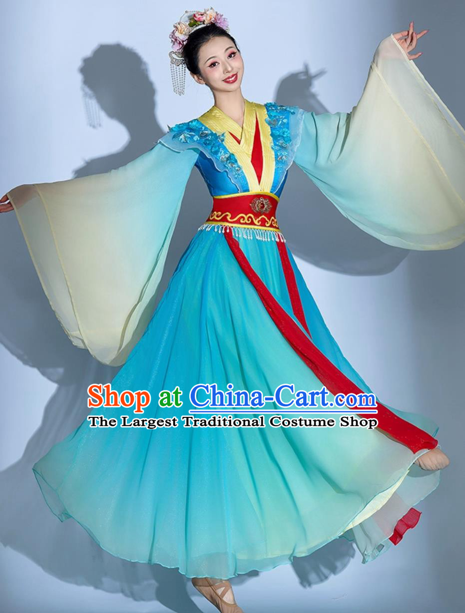 Chinese Han Tang Dynasty Ethereal Dance Attire Classical Dance Costume Seven Fairies Blue Dress