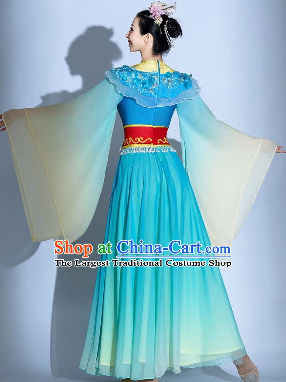 Chinese Han Tang Dynasty Ethereal Dance Attire Classical Dance Costume Seven Fairies Blue Dress
