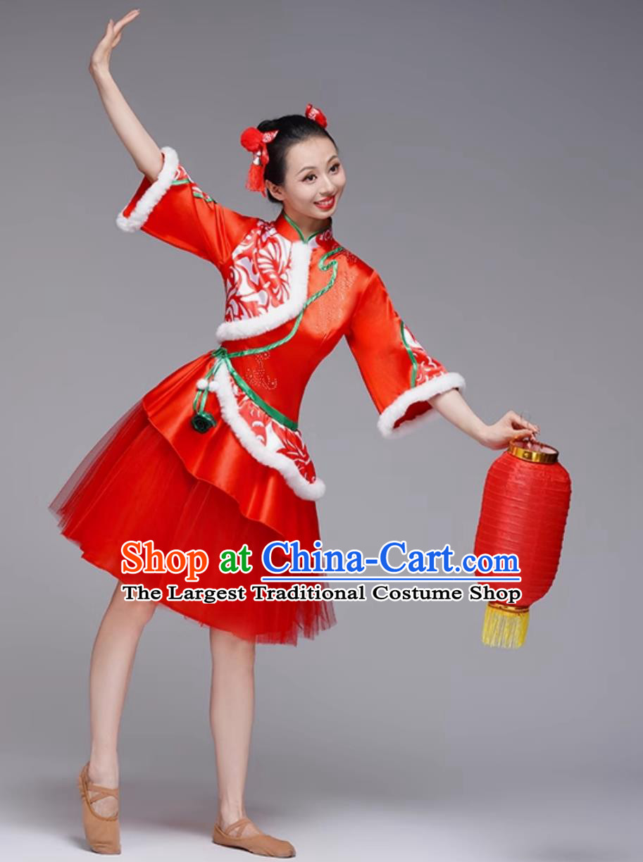 Chinese Festive Yangko Performance Costume Women Drum Dance Outfit Waist Drum Red Short Dress