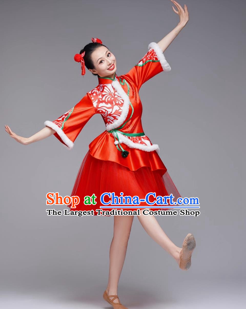 Chinese Festive Yangko Performance Costume Women Drum Dance Outfit Waist Drum Red Short Dress