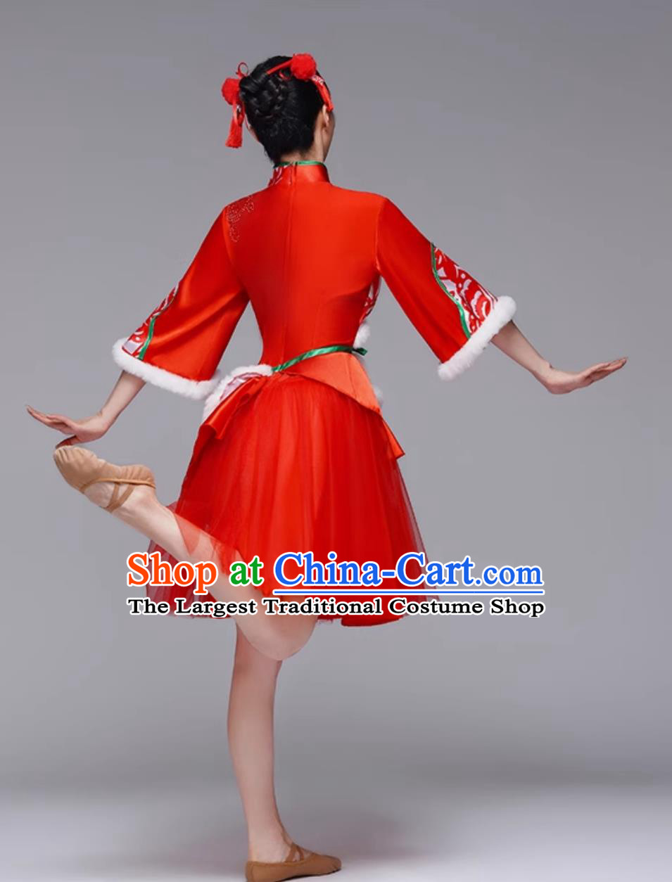 Chinese Festive Yangko Performance Costume Women Drum Dance Outfit Waist Drum Red Short Dress