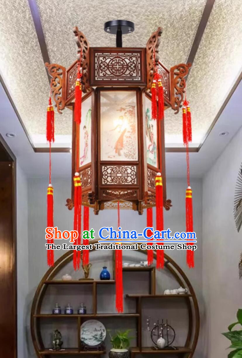 Chinese Wood Palace Lantern Antique Style Courtyard Decorative Pendant Light Traditional Beauty Lamp