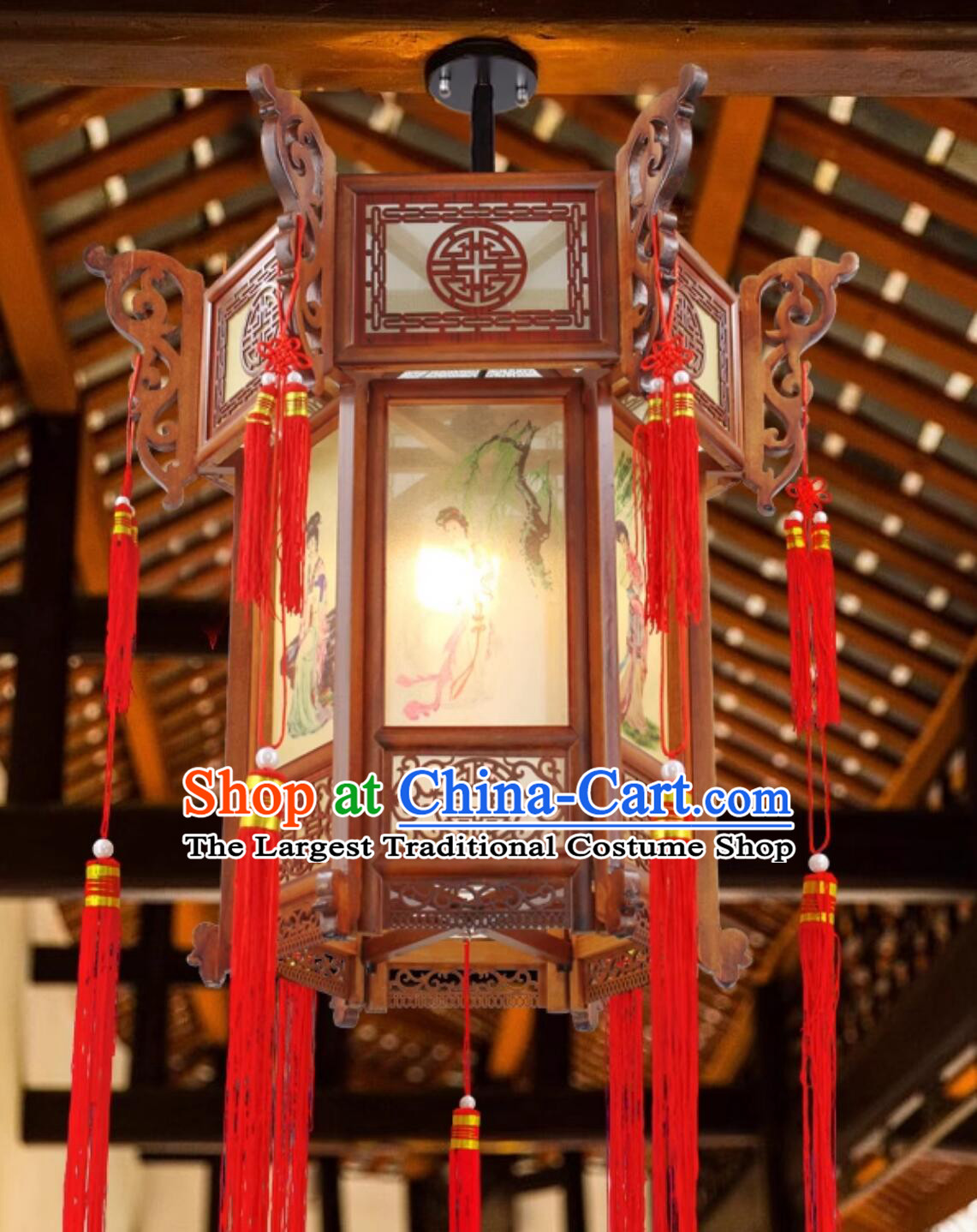 Chinese Wood Palace Lantern Antique Style Courtyard Decorative Pendant Light Traditional Beauty Lamp