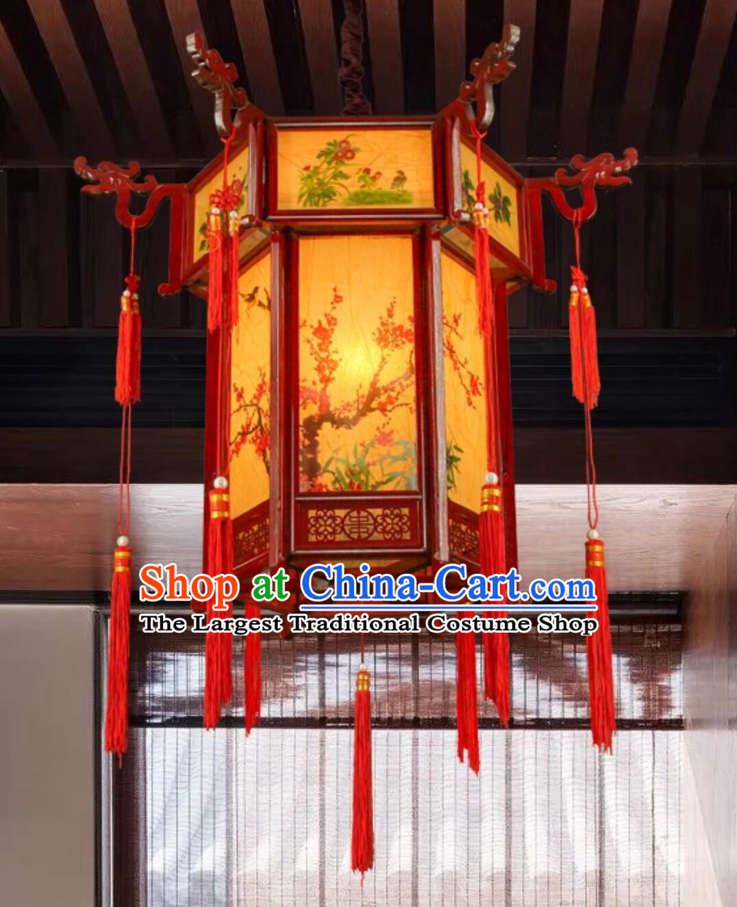 Chinese Antique Palace Lantern Wood Hexagonal Courtyard Lamp Handmade Hanging Light