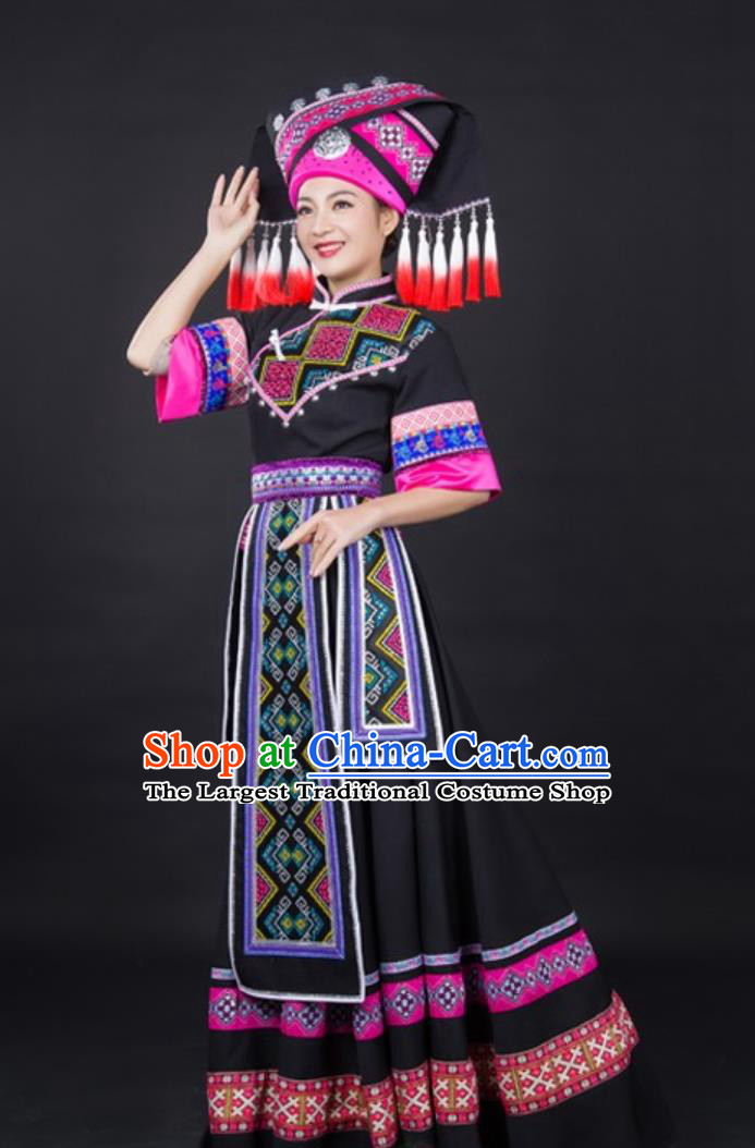 Zhuang Ethnic Black Ceremonial Long Dress Singer Catwalk Stage Performance Costume for Women