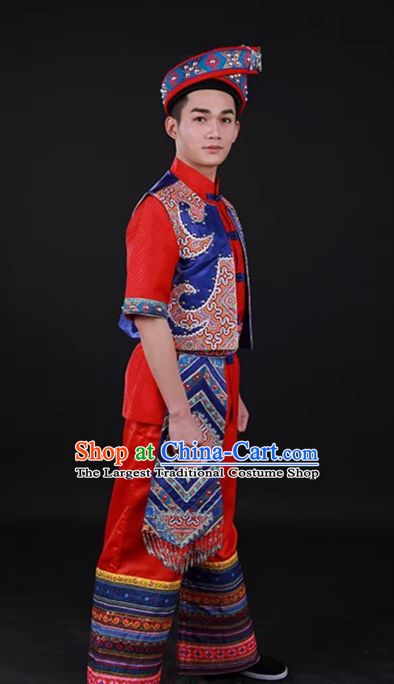Guangxi Zhuang Ethnic Men Dance Costume Traditional Chinese March Third Festival Performance Attire