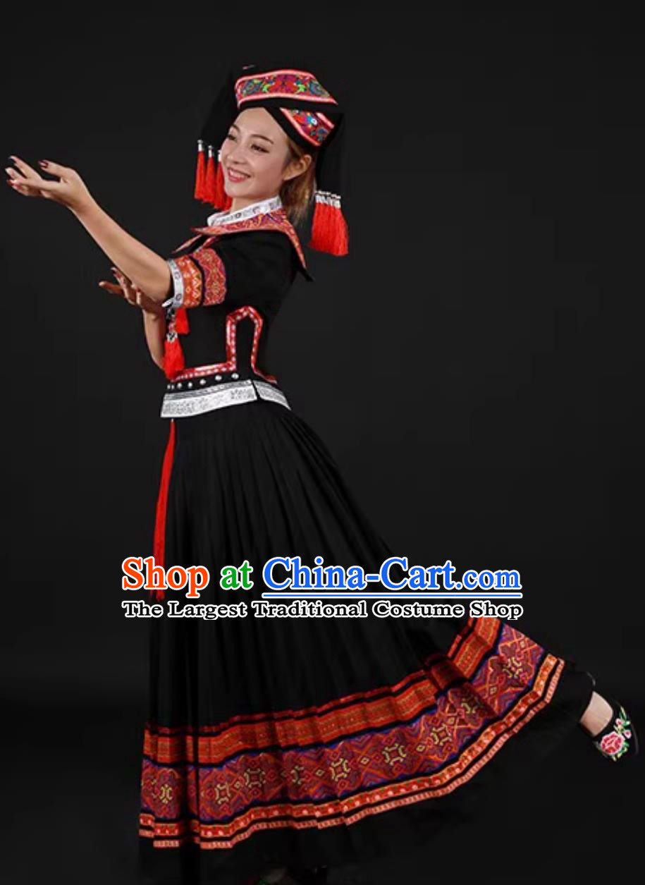 Zhuang March Third Festival Ethnic Women Black Uniform Chinese Stage Performance Long Dress