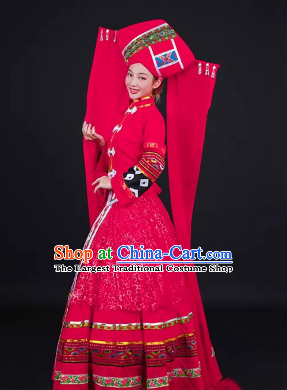 Zhuang Ethnic Women Ceremonial Dress Chinese Stage Performance National Costume