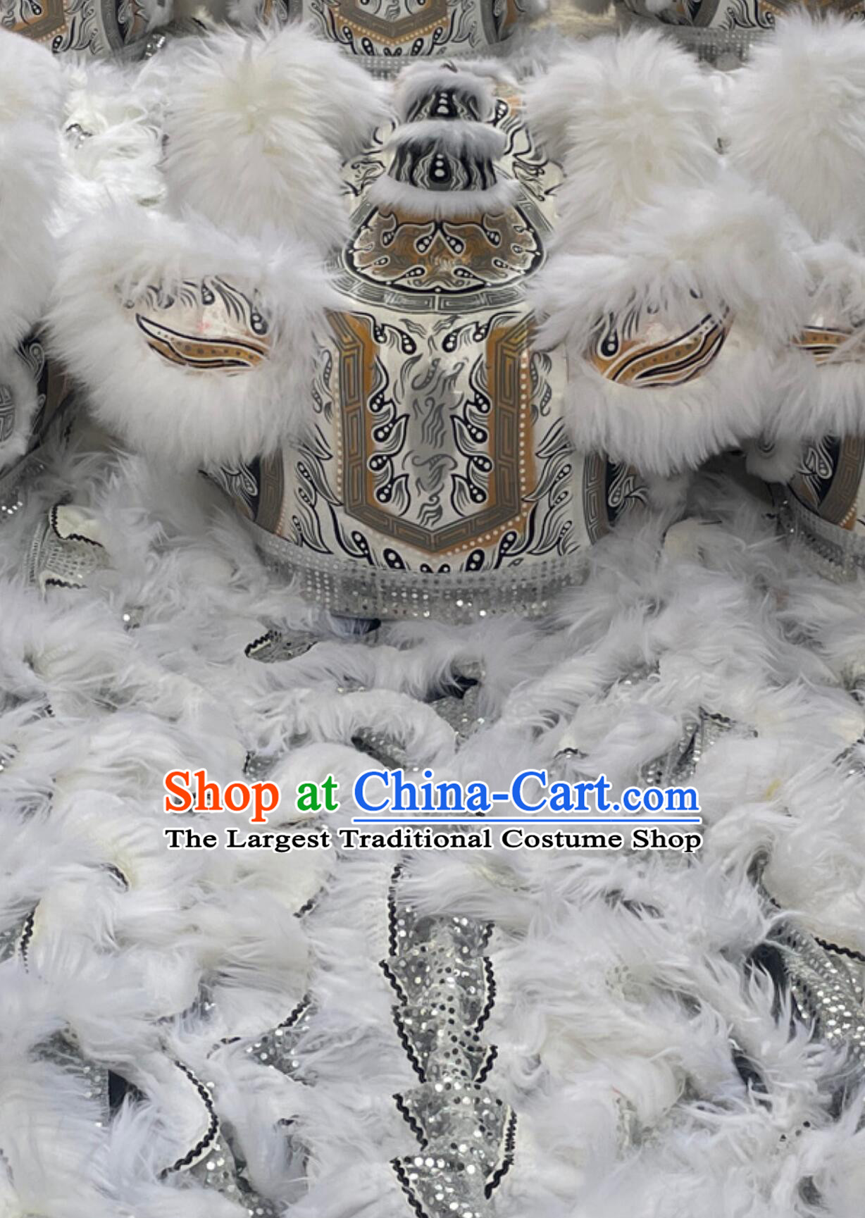 White Wool Lion Dance Clothing Handmade Chinese Fut San Lion Head and Costume Complete Set
