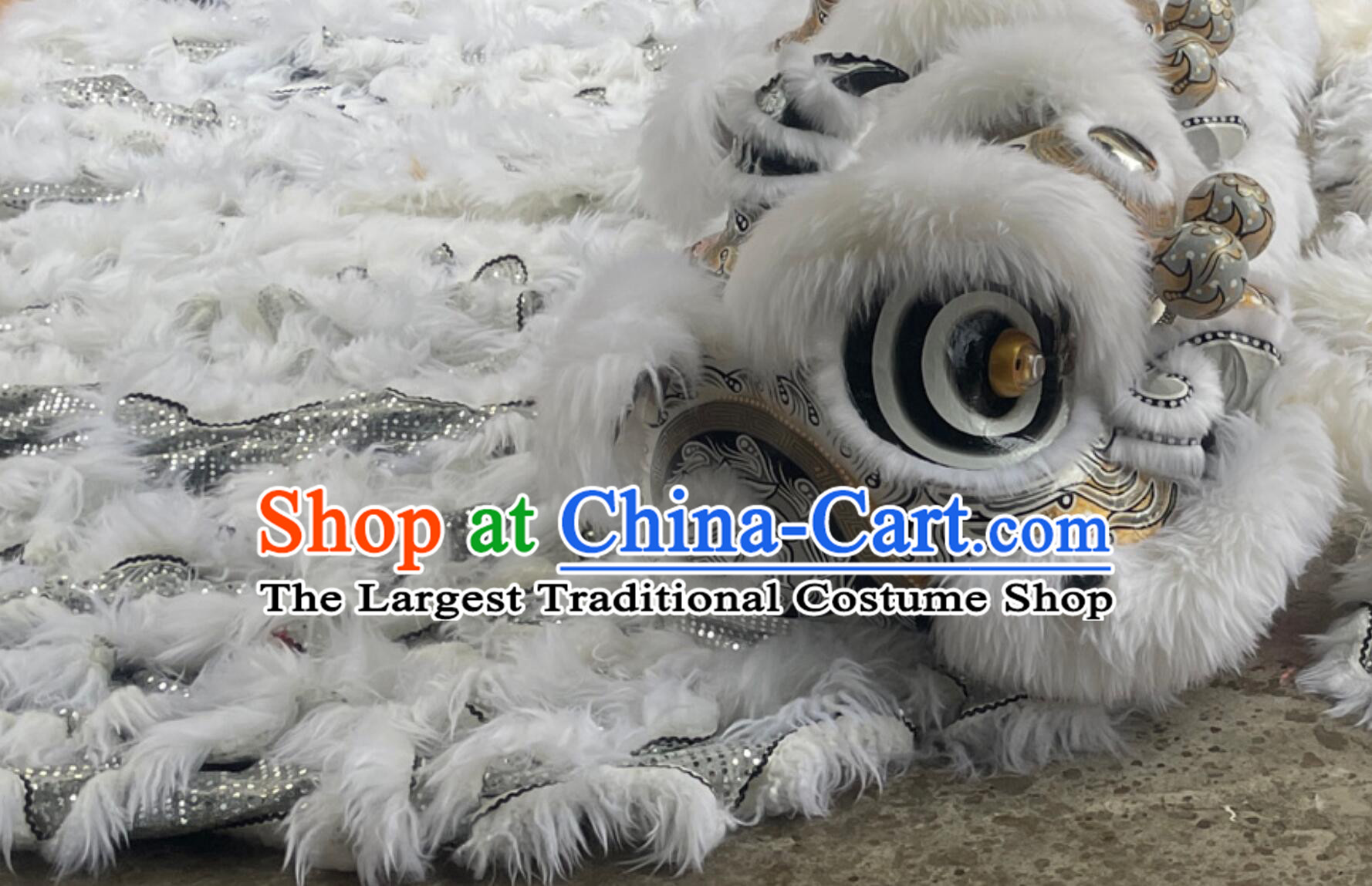 White Wool Lion Dance Clothing Handmade Chinese Fut San Lion Head and Costume Complete Set