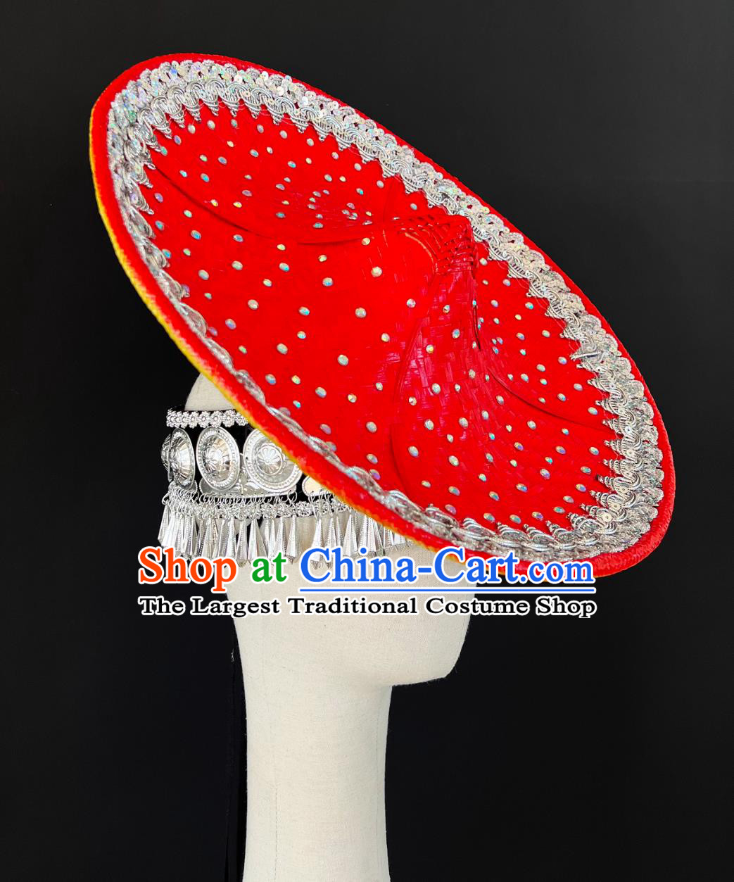 Women Solo Dance Red Bamboo Hat Huayao Dai Bamboo Hat Chinese Yunnan Dai Ethnic Headwear