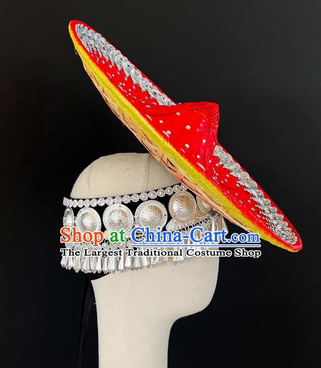 Women Solo Dance Red Bamboo Hat Huayao Dai Bamboo Hat Chinese Yunnan Dai Ethnic Headwear