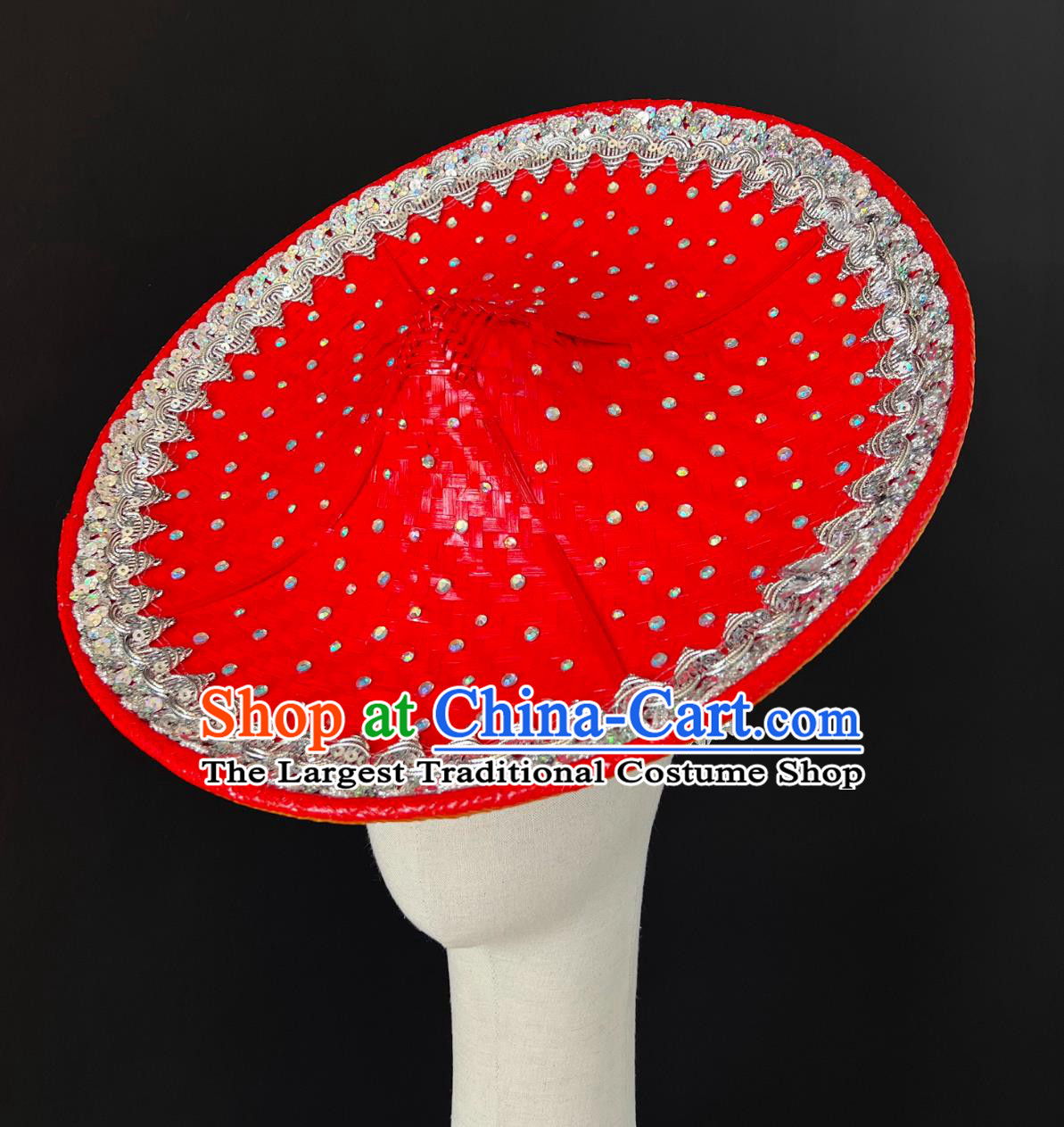 Women Solo Dance Red Bamboo Hat Huayao Dai Bamboo Hat Chinese Yunnan Dai Ethnic Headwear