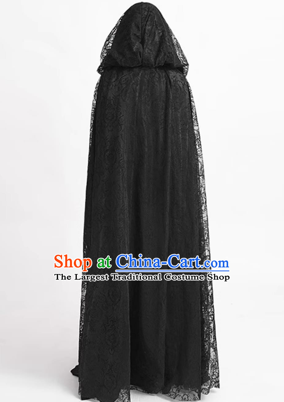 Medieval Ornate Gothic Dark Witch Hooded Long Cape Black Lace Trim Cloak Coat