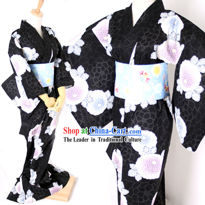 Traditional Japanese Black Kimono and Belt Full Set