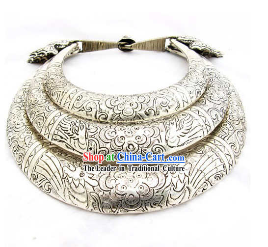 Three Layers Large Silver Flower Birds Miao Minority Necklaces