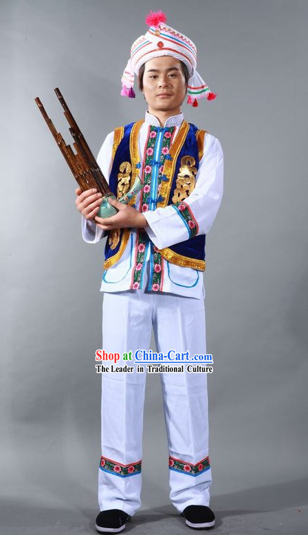 Chinese Yunnan Bai Nationality Dance Costume and Hat for Men