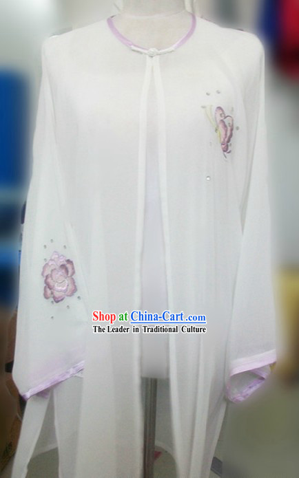 White Embroidered Butterfly Silk Kung Fu Blouse and Cape