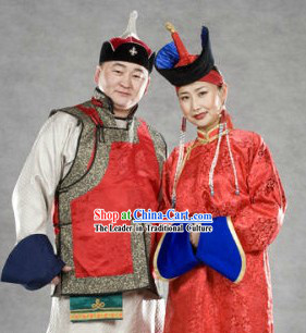 Traditional Mongolian Husband and Wife Clothing and Hats Complete Sets