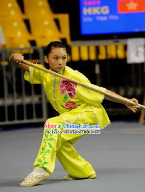 Yellow Long Spear Embroidered Peony Kung Fu Supplies for Women