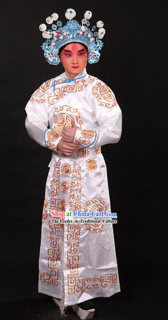White Traditional Chinese Beijing Opera Wusheng Costume and Hat