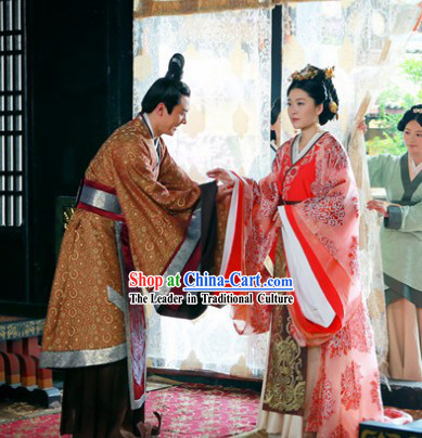 Chinese Han Clothing Husband and White Royal Family Dresses and Hair Accessories Complete Set