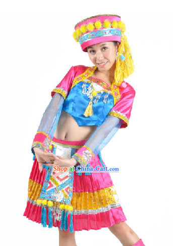 Chinese Hani Ethnic Dress and Hat for Women