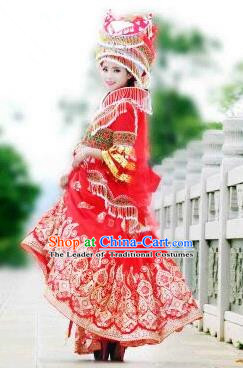 Traditional Chinese Miao Nationality Improved Wedding Costume, Hmong Luxury Female Folk Dance Ethnic Bride Pleated Long Skirt, Chinese Minority Nationality Embroidery Costume for Women