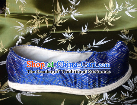 Blue Chinese Ancient Handmade Traditional Bow Fabric Shoes for Women and Girls