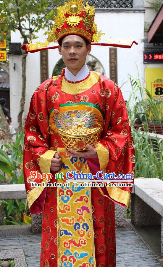 Top Chinese Cai Shen Money God Costume Costumes and Cai Shen Ye Hat Complete Set for Boys Children Kids