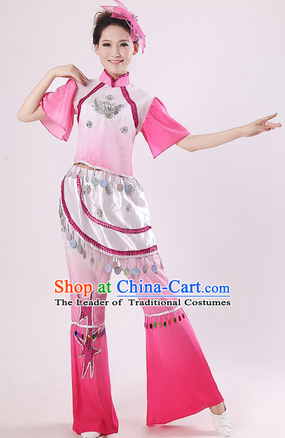 Traditional Chinese Yangge Fan Dance Mandarin Sleeve Costume, Folk Umbrella Dance Pink Uniform Classical Dance Clothing for Women
