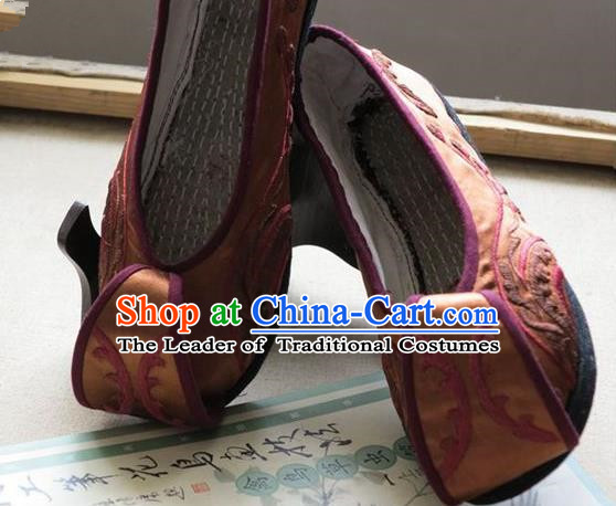 Asian Chinese Traditional Shoes Wedding Bride Brown Embroidered Shoes, China Peking Opera Handmade Embroidery Hanfu Shoes for Women