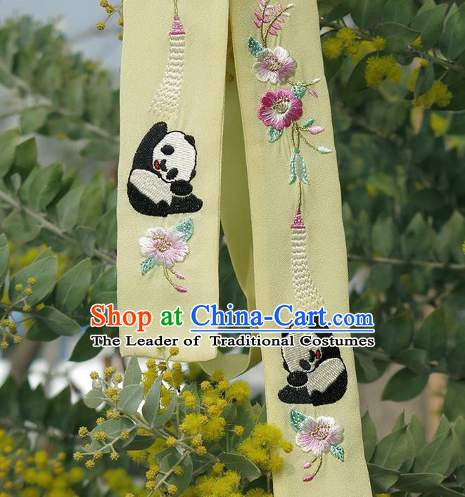 Traditional Ancient Chinese Embroidered Hanfu Hair Snood Embroidered Panda Yellow Silk Bandeau for Women