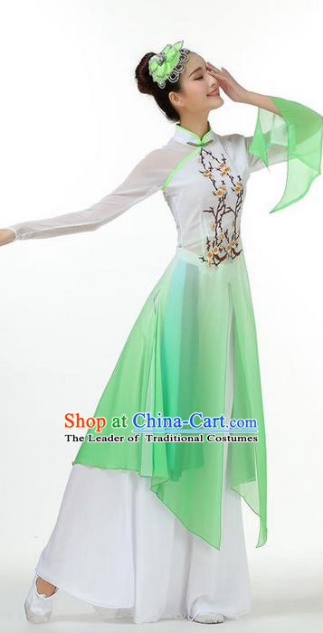 Traditional Chinese Yangge Fan Dancing Costume, Folk Dance Yangko Mandarin Sleeve Painting Plum Blossom Uniforms, Classic Dance Elegant Big Swing Dress Drum Dance Green Clothing for Women