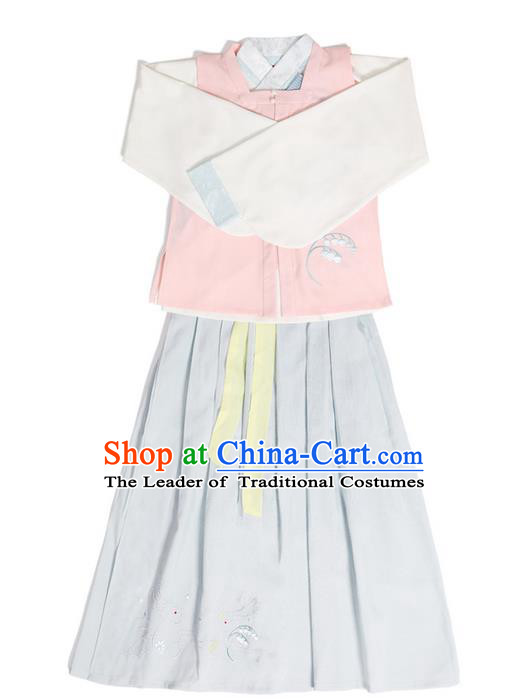 Traditional Ancient Chinese Young Lady Elegant Costume Embroidered Sleeveless Over-dress Slant Opening Blouse and Blue Slip Skirt Complete Set, Elegant Hanfu Clothing Chinese Ming Dynasty Imperial Princess Clothing for Women
