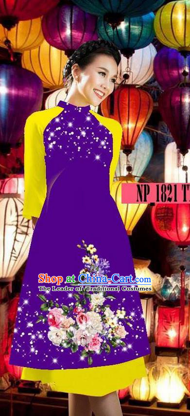 Top Grade Asian Vietnamese Costumes Classical Jing Nationality Purple Cheongsam, Vietnam National Clothing Vietnamese Bride Traditional Printing Ao Dai Dress