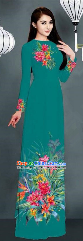 Traditional Top Grade Asian Vietnamese Ha Festival Printing Model Ao Dai Dress, Vietnam National Jing Nationality Green Cheongsam Costumes for Women