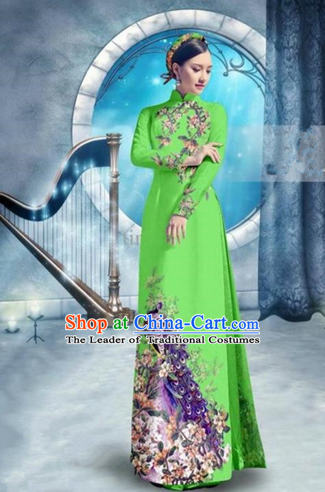 Top Grade Asian Vietnamese Traditional Dress, Vietnam Bride Ao Dai Dress, Princess Wedding Printing Peacock Fluorescent Green Cheongsam Clothing for Women