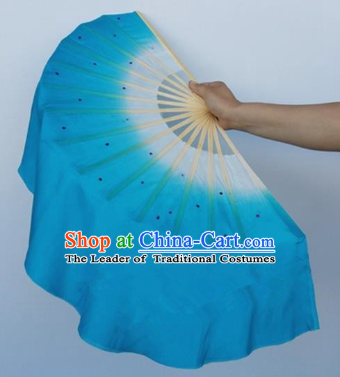 Pure Silk Traditional Chinese Fans Oriental Blue Ribbon Fan Folk Dance Cultural Yanko Dance Hand Fan