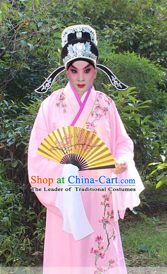 Traditional China Beijing Opera Niche Costume Scholar Embroidered Robe and Headwear, Ancient Chinese Peking Opera Embroidery Pink Xiucai Gwanbok Clothing