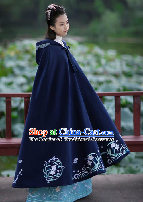 Asian Chinese Ming Dynasty Hanfu Costume Embroidered Swordswoman Cape, Traditional China Ancient Princess Navy Cloak Clothing for Women