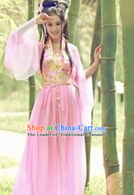 Asian China Ancient Tang Dynasty Imperial Concubine Costume, Traditional Chinese Hanfu Embroidered Pink Fairy Dress Clothing for Women