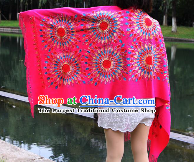 Chinese Traditional Scarf Yunnan National Rosy Wool Cloak for Women