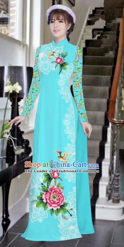 Asian Vietnam National Costume Vietnamese Bride Trational Dress Printing Peony Blue Ao Dai Cheongsam for Women
